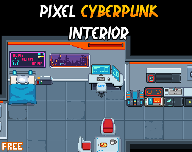 pixel cyberpunk interior game asset