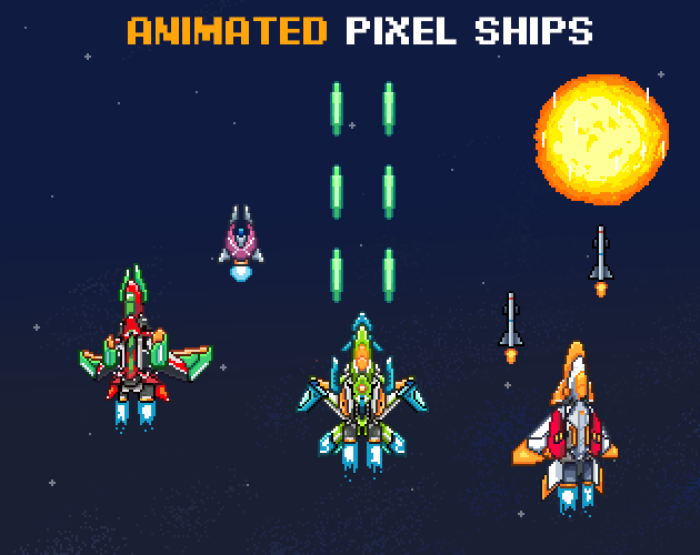 Animated Pixel Ships game asset. 8 ship designs that has 2 versions - normal and powered up. Each ship has 3 animations. Also includes pilot portraits, projectiles and more. 