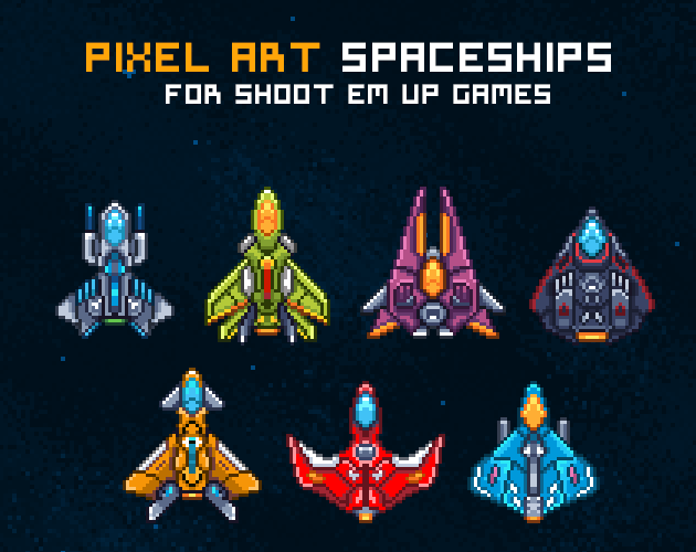 Pixel art spaceships for shoot em up games (SHMUP) game asset. Over 50 uniquely designed ships. 