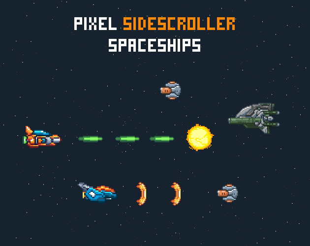 Pixel sidescroller spaceships game assets. Over 60 uniquely designed ships with some enemies included in the mix. Some ships are animated