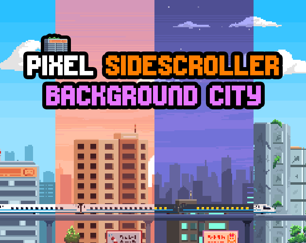 pixel sidescroller background city game asset. Includes 6 different scenes including a futuristic cyberpunk city design. 