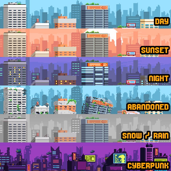 pixel art city scenes for shoot em up games (SHMUP) game asset. Includes 6 different scenes. 