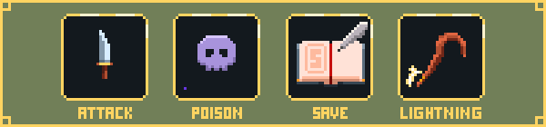 4 pixel art icons representing attack, poison, save game and lightning magic